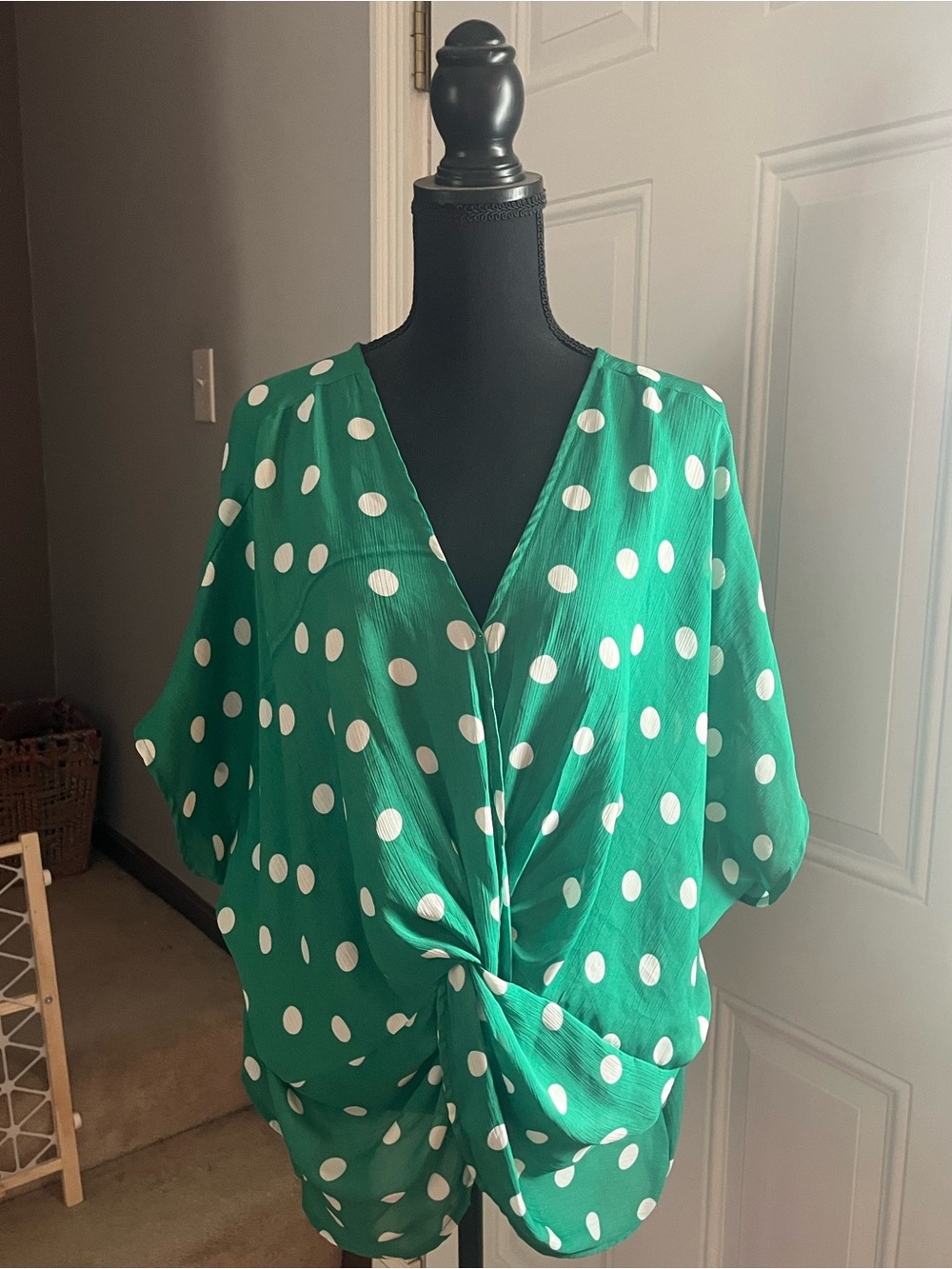 Umgee Teal and White Polka Dot Twist-Front Top